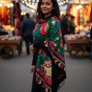 DANA XU Wool Big Rectangular Floral Wrap Shawl Cover 43" x 89" Used Like New